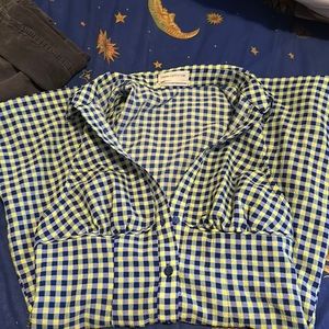 Urban Outfitters Blue Green Checked Mini Vneck Plunge Buttoned Fit Flare Dress